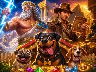 Vibrant promotional artwork featuring characters from popular slot games, set in immersive and colorful fantasy environments.